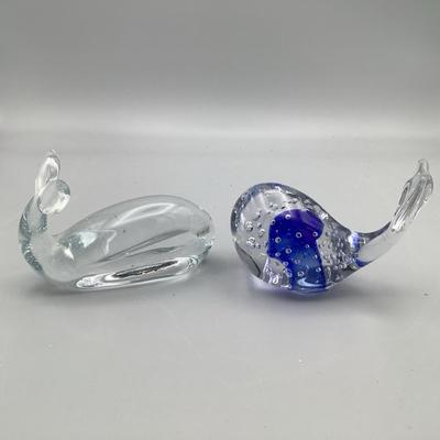 Two Whale Shaped Glass Paperweights 