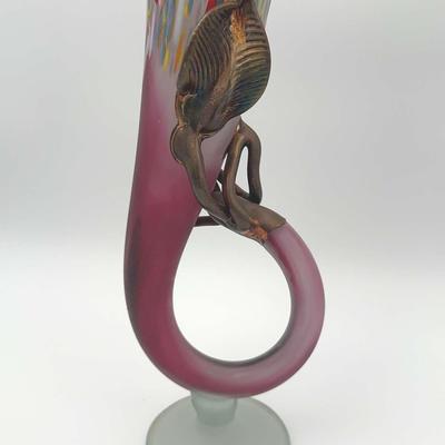 Signed Unique Art Deco Style Blown Glass & Bronze Vase 