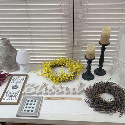Huge Decor Lot - Blessed Wooden Sign, Electric Candles, 2 Lampshades, Wreaths & More