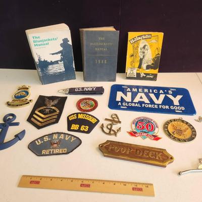 16pc Vintage US Navy Collectibles - WWII Era Books, Patches