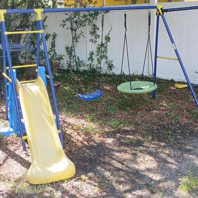 Kids Metal Swing Set W/ Little Tikes Slide-Merry Go Round, Monkey Bars++