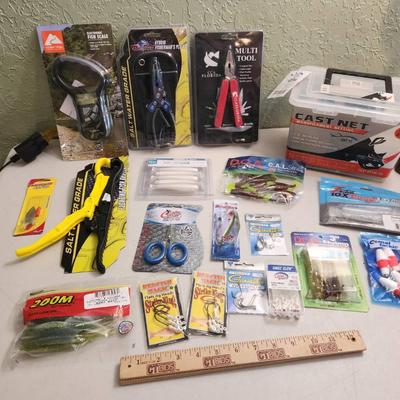 19pc New Fishing Tools, Lures, Red Horn Cast Net, Hooks, Floats
