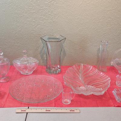 Vintage Crystal, Glassware Lot - Vases, Platters, Etched Glasses, Sugar & Creamer