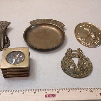 Vintage Brass - Hand Wall Clip, 1835 London Compass , Golf Plaque, Change Bowl+