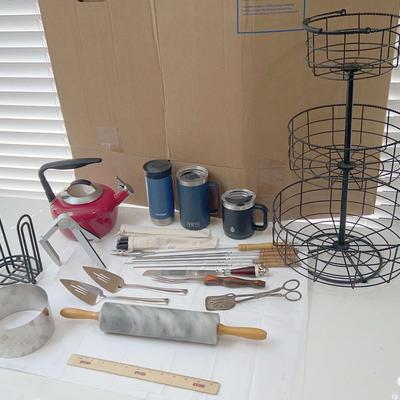 Misc Kitchen Lot - Marble Rolling Pin, Yeti/Contigo/Tal Mugs, Cutco Fork