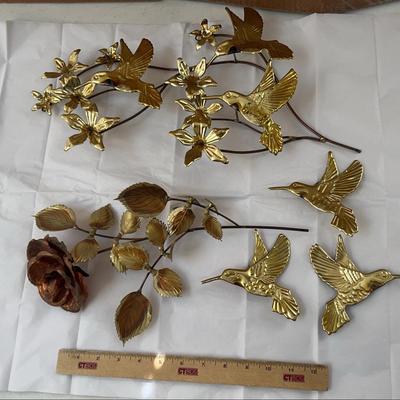 Vintage Brass Rose Floral Accent + Homco Hummingbird Leaf Wall Brass Accent