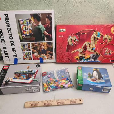 5 Lego Kits, 3 New - Auspicious Dragon, Art Project, Jules Verne, Penguin, Add on Set