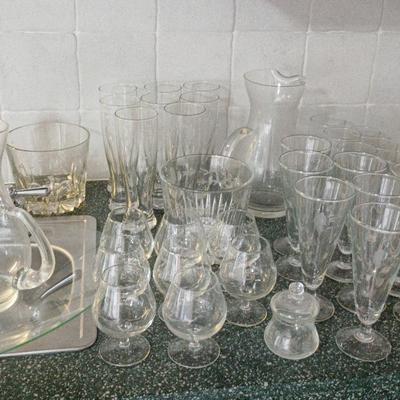 Huge Etched Glass lot - Platter, Ice Buckets, Glasses, Pitchers, Butter Dish++
