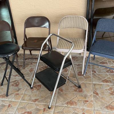 2 Fold up Metal Chairs, 2 Fold Up Padded Chairs + Stepstool & Bar Stool 