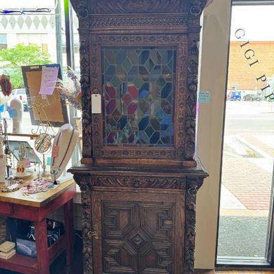 Sale Photo Thumbnail #44: Stained glass carved wood antique cabinet