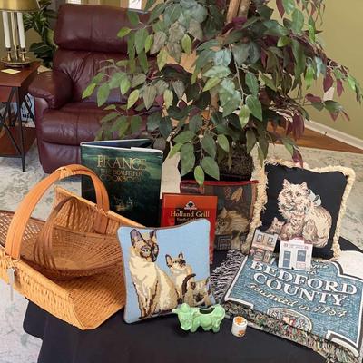 Faux Tree, Cat Pillows, & Other Decor