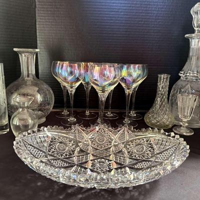 Vintage Glassware Featuring Etched Glass Vases And Decanters 