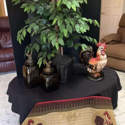 Faux Tree, Glass Canisters, & Ceramic Rooster. 