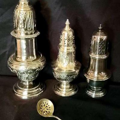 Ornate Silver Sugar Shaker Trio & Antique Slotted Spoon – Victorian to Mid-Century