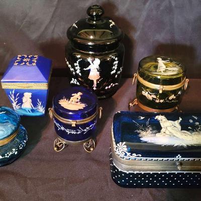 Antique Mary Gregory Style Art Glass Trinket Box Collection – 8 Pieces