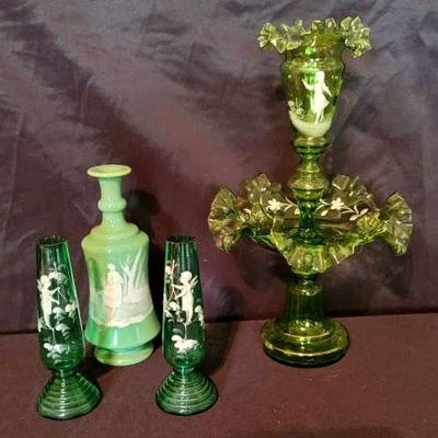 Mary Gregory Green Glass Epergne Centerpiece with Matching Vases – 4-Piece Lot