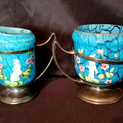 Victorian Blue Glass & Silverplate Creamer and Sugar Set with Cameo Design