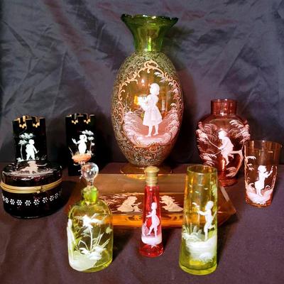 10-Piece Mary Gregory Glass Collection – Vases, Tray, Vanity & Perfume Bottles