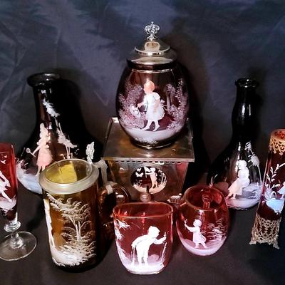 Mary Gregory Style Glass Decor in Cranberry and Amethyst Tones