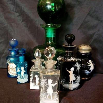 Antique Art Glass Bottle Collection – Mary Gregory Style & Empoli Decanter (7 Pcs)