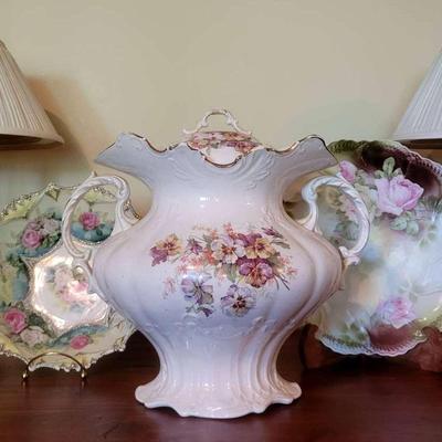 Romantic Dining Room Decor: Crystal Lamps, RS Prussia Plates & Leuchtenburg Jar