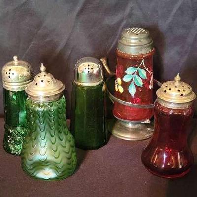 Antique Art Glass Muffineers: 5-Piece Sugar Shaker Set in Cranberry, Bohemian & Depression Glass