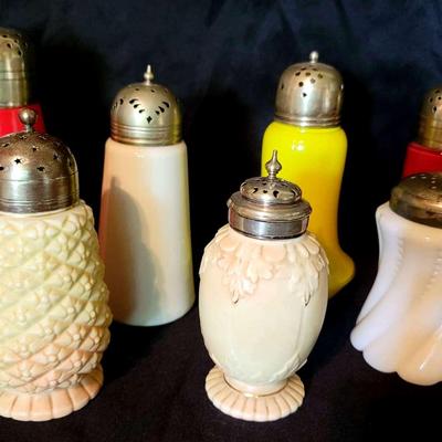 Set of 7 Vintage Sugar Shakers – Porcelain, Glass & EPNS Lids