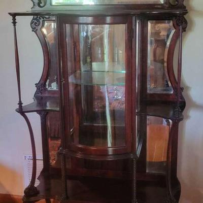 Antique Victorian Mahogany Curio Cabinet with Mirror Back & Glass Display Door