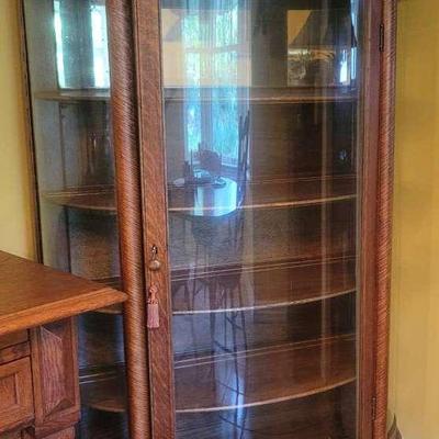 Antique Oak Curio Cabinet with Mirrored Back and Claw Feet