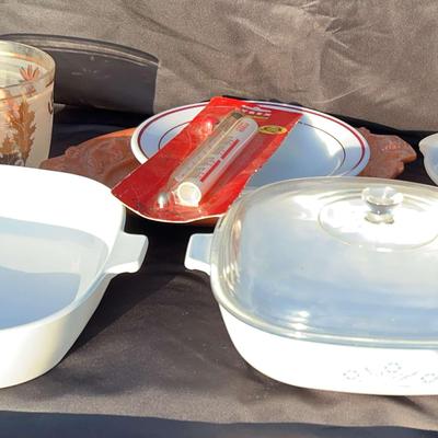 Vintage 3 pieces Of Corningware, FireKing ,a Pyrex thermometer and more   