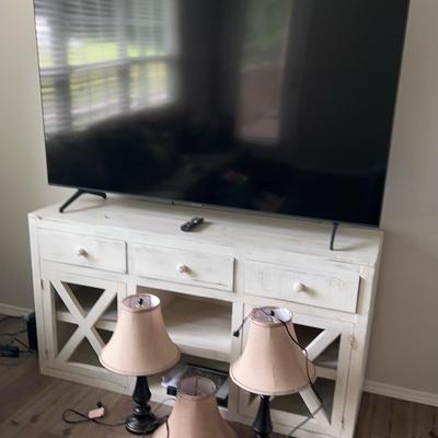 70” Samsung TV On Cabinet And 2 Lamps