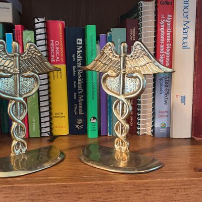Vintage Penco Brass Caduseus Hermes Physician Bookends, Medical Reference Books And Book Case