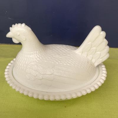Vintage Milk glass Chicken Covered Bowl 7”