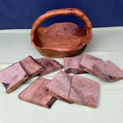 Burlwood Carved Basket & Live Edge Wood Coasters