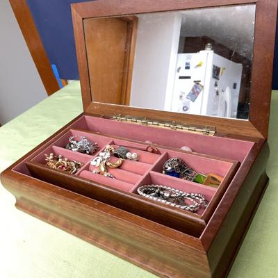 Wood Jewelry Box Of Costume Jewelry