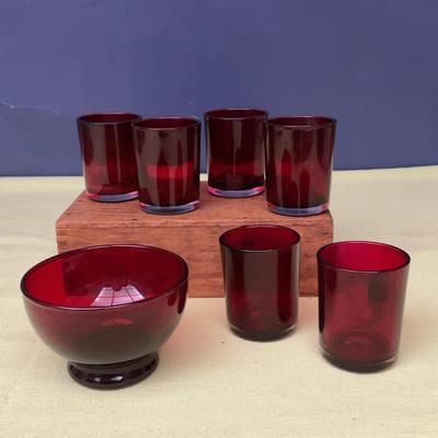 Red Glass (6) Votives & Small Red Glass Bowl