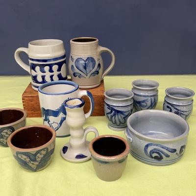  Collection Of Blue Clay Stoneware Mugs And Cups 