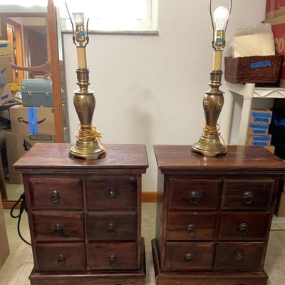 Wood Apothecary Style Nightstands With Brass Lamps