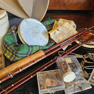 Sale Photo Thumbnail #77: Fishing gear lies, rods, reels, creel