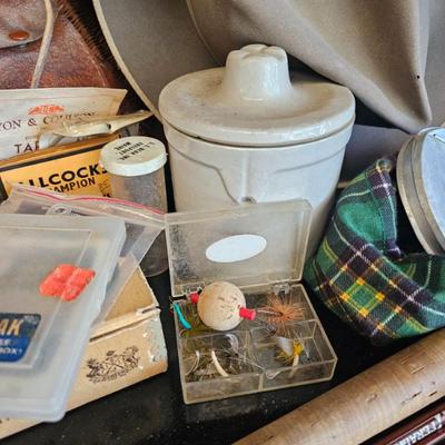 Sale Photo Thumbnail #76: Fishing gear lies, rods, reels, creel