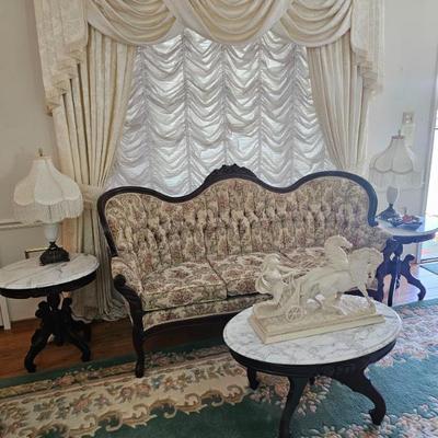 Sale Photo Thumbnail #8: Victorian sofa with marble accent tables