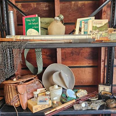 Sale Photo Thumbnail #75: Fishing gear lies, rods, reels, creel