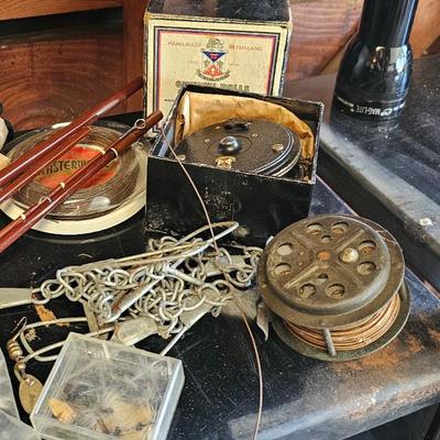 Sale Photo Thumbnail #78: Fishing gear lies, rods, reels, creel