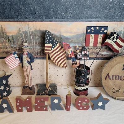 Assorted Patriotic Decor Includes Uncle Sam Statue and MIscellaneous Wooden Items