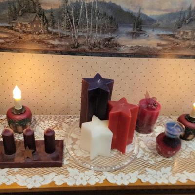Assortment Of Patriotic Candles, Including 10 Unused Candles, A Wax Warmer,  Two Candle Lamps