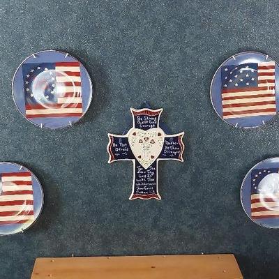 Patriotic God Bless America Ceramic Plates 8.5" & Cross 11"×9"