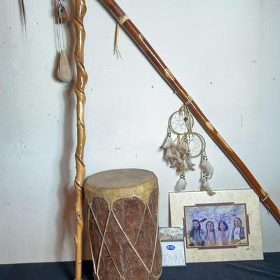 AY537E Native American Drum, Staff, Walking Stick & More
