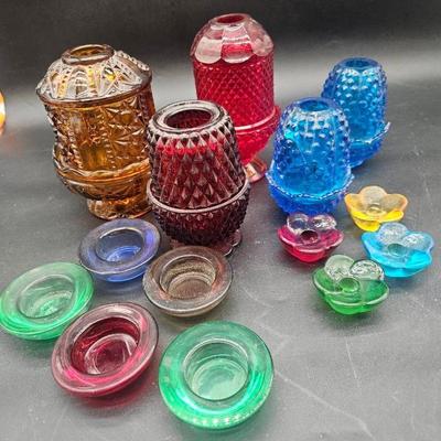 AY517E Red Blue Amber Glass Candle Holders Vintage
