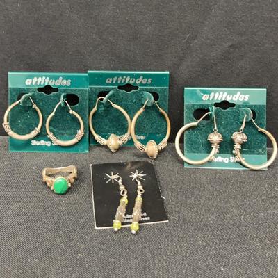 Sterling & Malachite Ring And Sterling Hoop Earrings (4)
