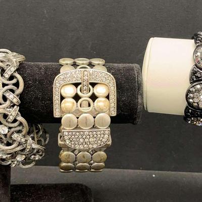 Wide Band Black And Silvertone Bracelets